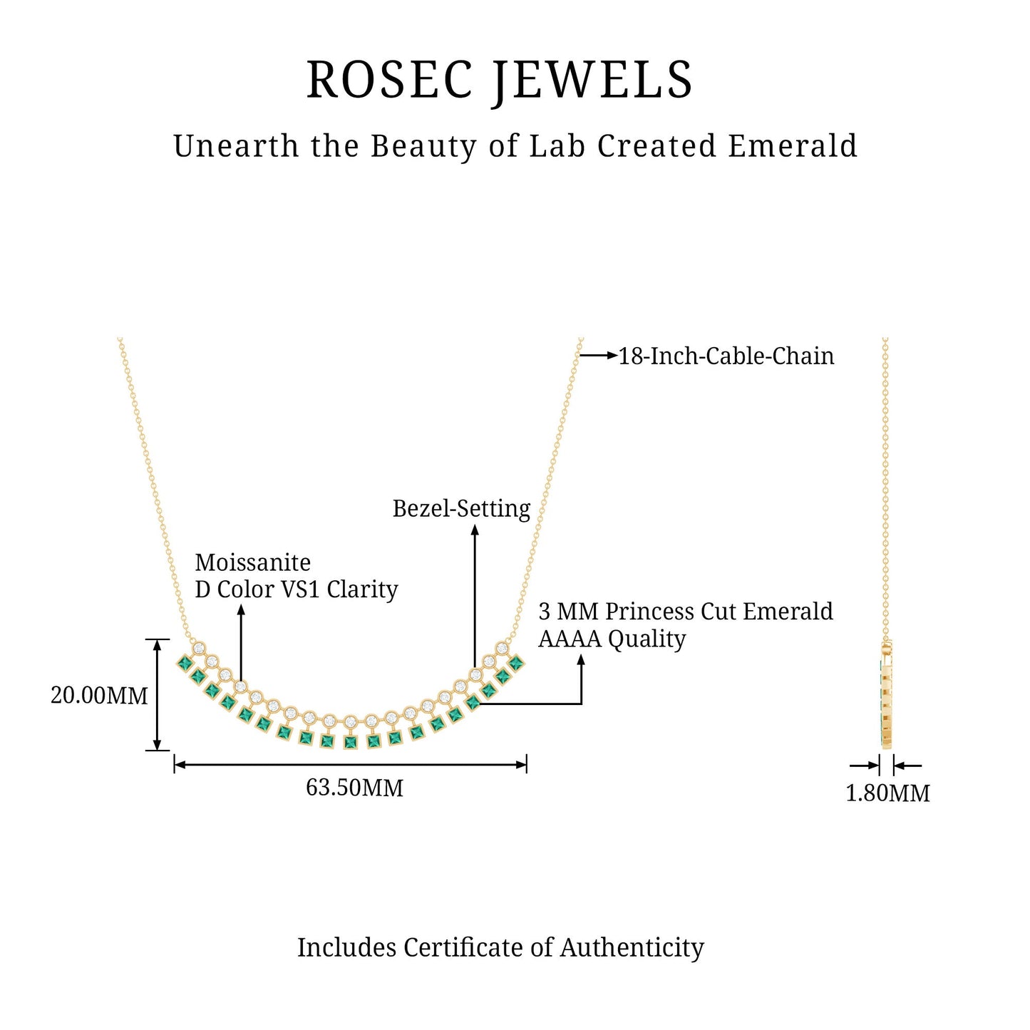 Certified 2.85 Carat Lab Grown Emerald Curved Bar Necklace