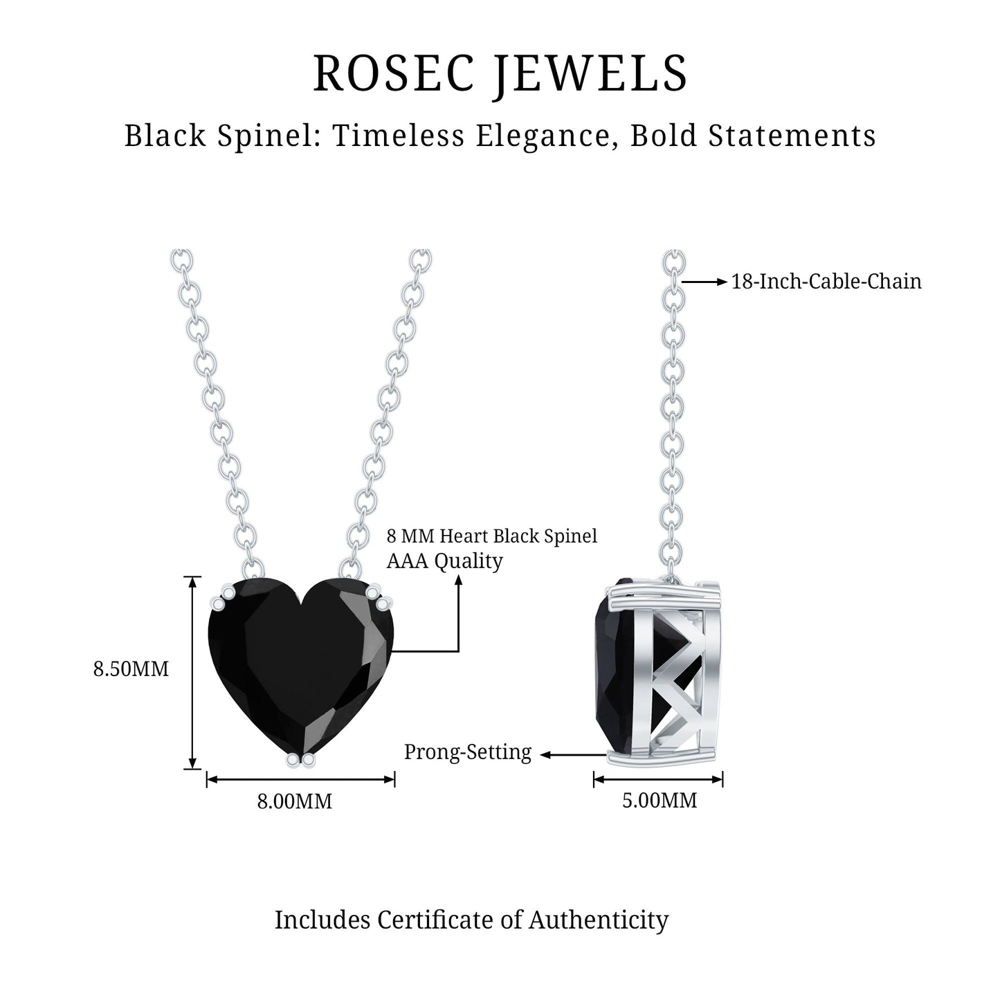 8MM Heart Shape Black Spinel Solitaire Necklace in Double Prong Setting