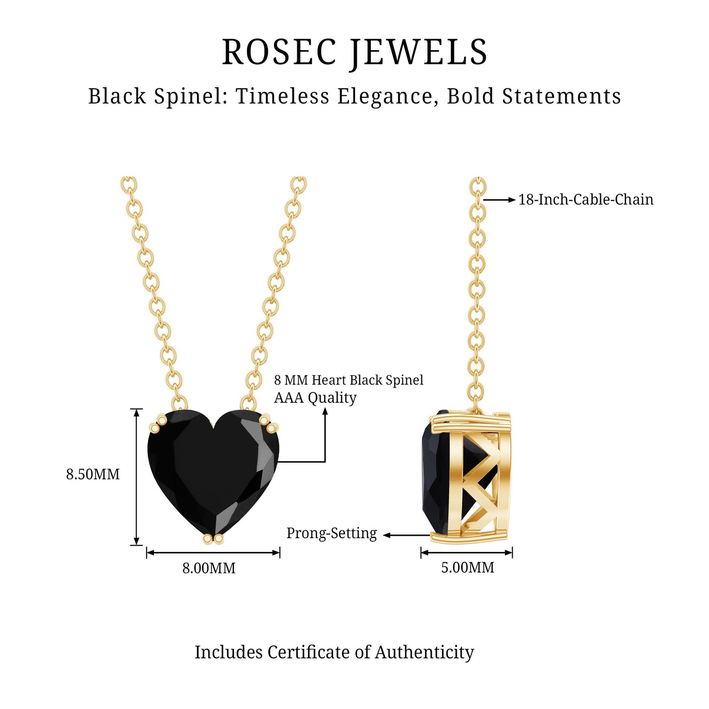 8MM Heart Shape Black Spinel Solitaire Necklace in Double Prong Setting