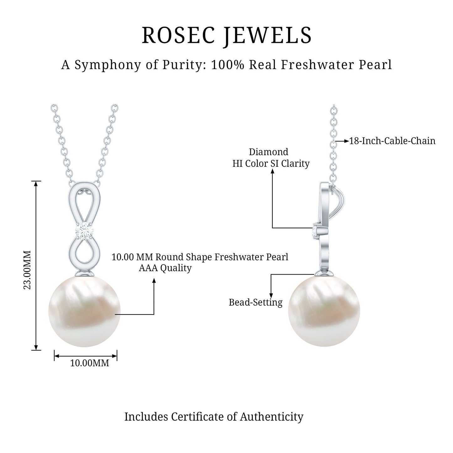 10 MM Round Freshwater Pearl Drop Infinity Pendant with Diamond