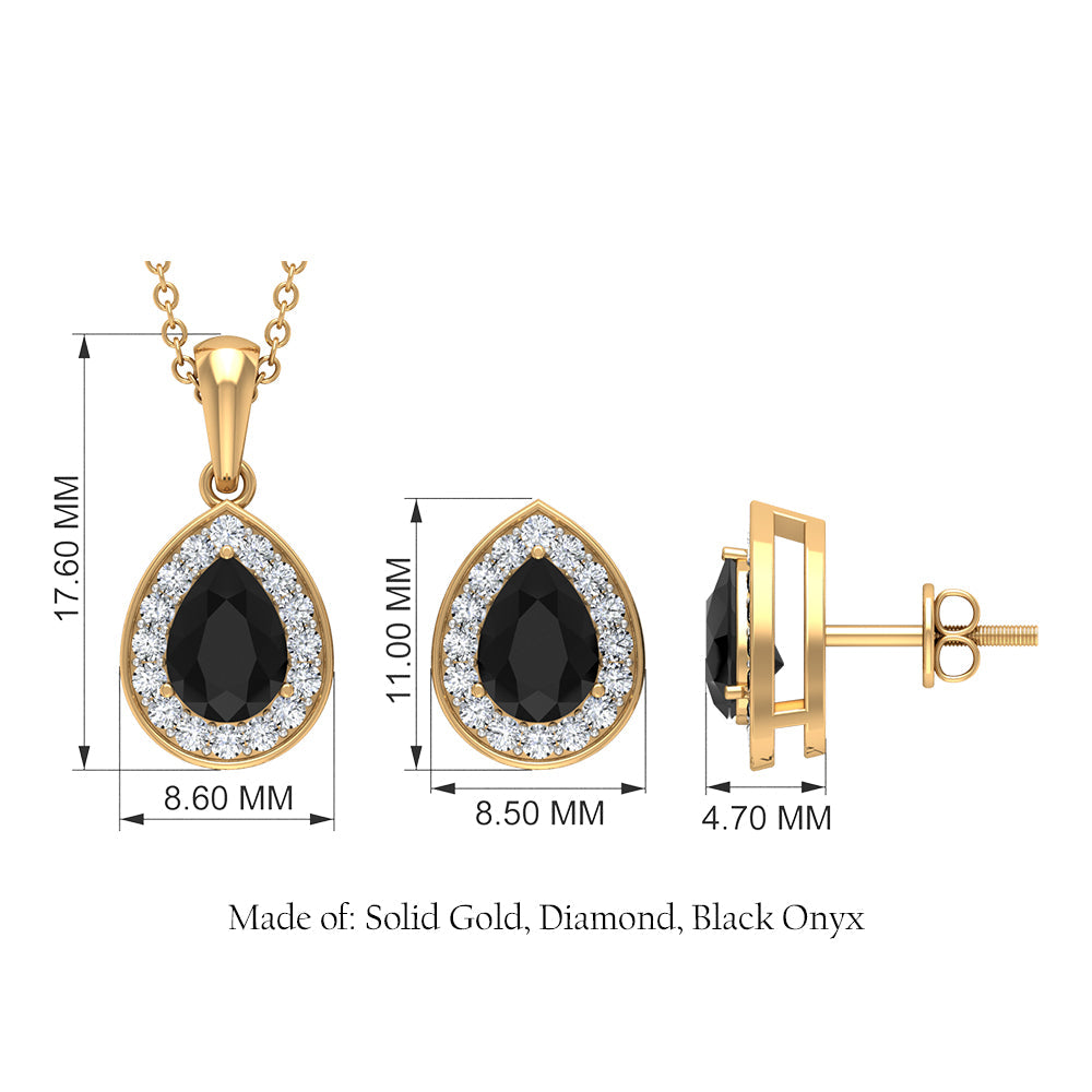 Natural Black Onyx Teardrop Pendant and Earrings Set with Moissanite