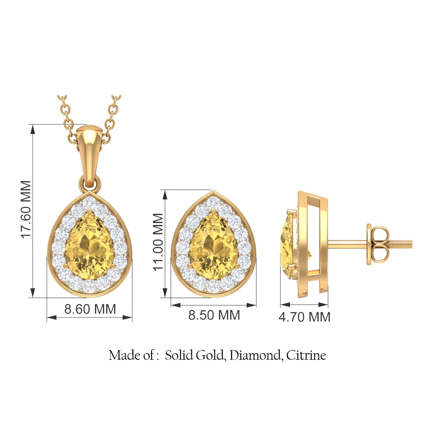 Natural 1.8 Carat Citrine Teardrop Necklace and Earrings Set with Halo