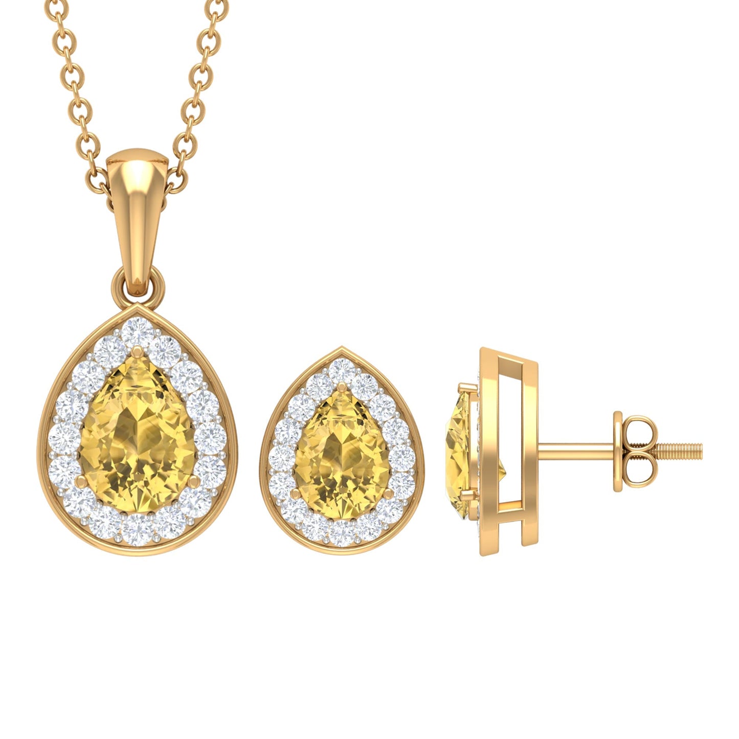 Natural 1.8 Carat Citrine Teardrop Necklace and Earrings Set with Halo