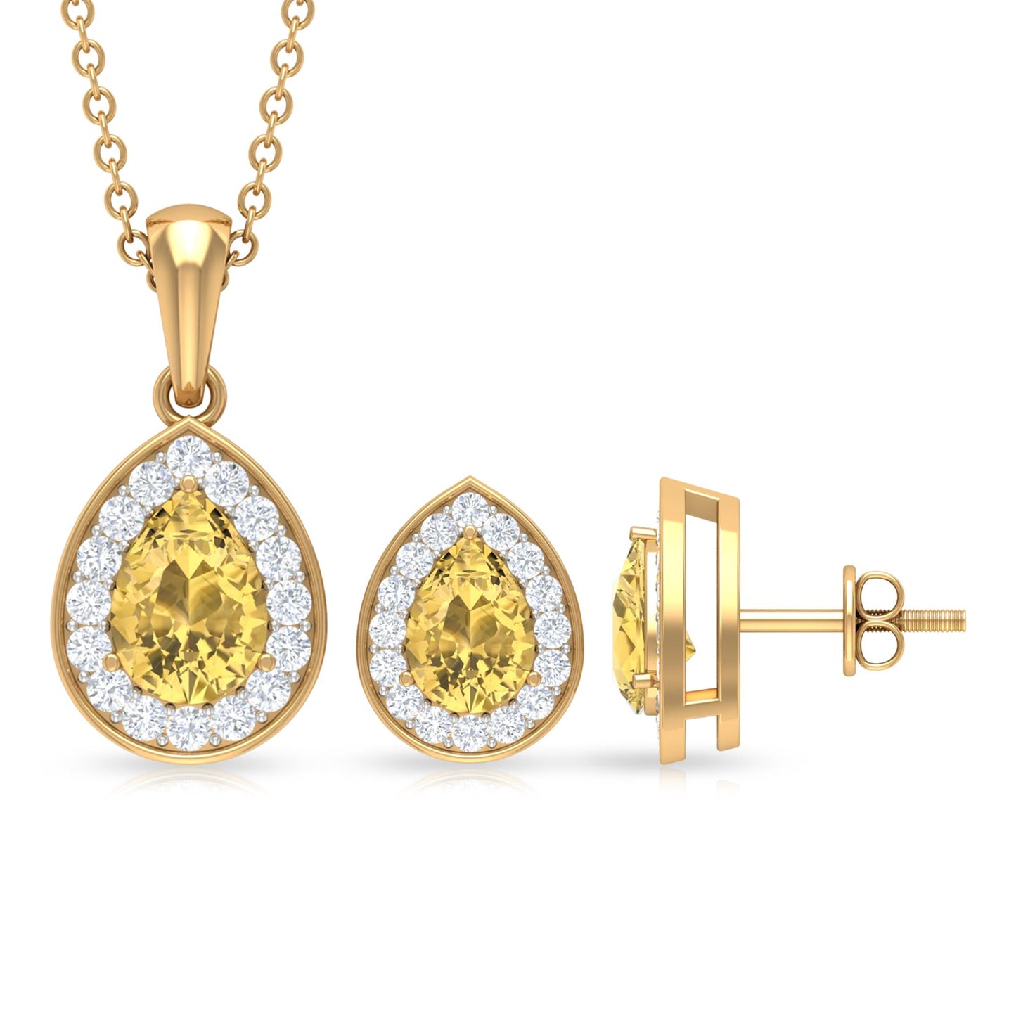 Natural 1.8 Carat Citrine Teardrop Necklace and Earrings Set with Halo