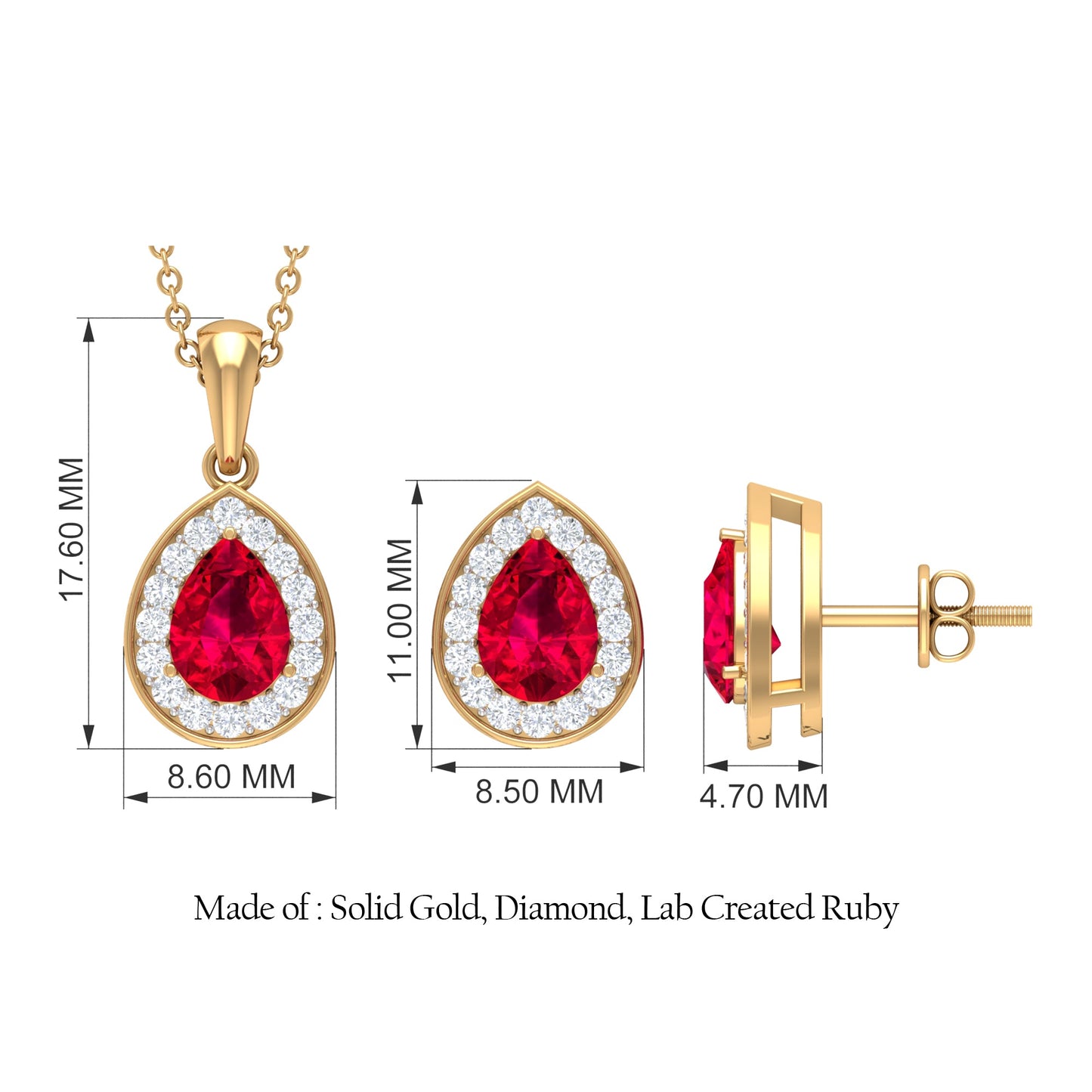 Created Ruby Teardrop Jewelry Set with Moissanite Halo