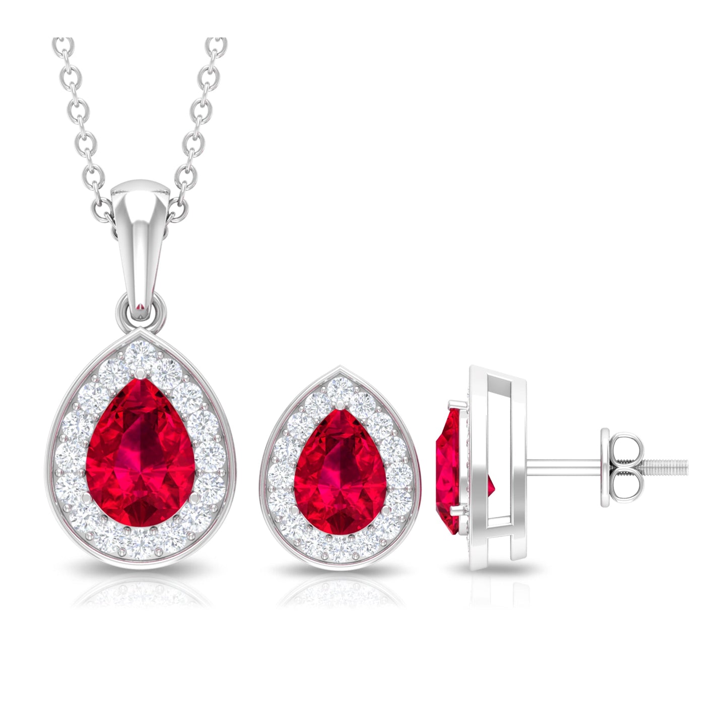 Created Ruby Teardrop Jewelry Set with Moissanite Halo
