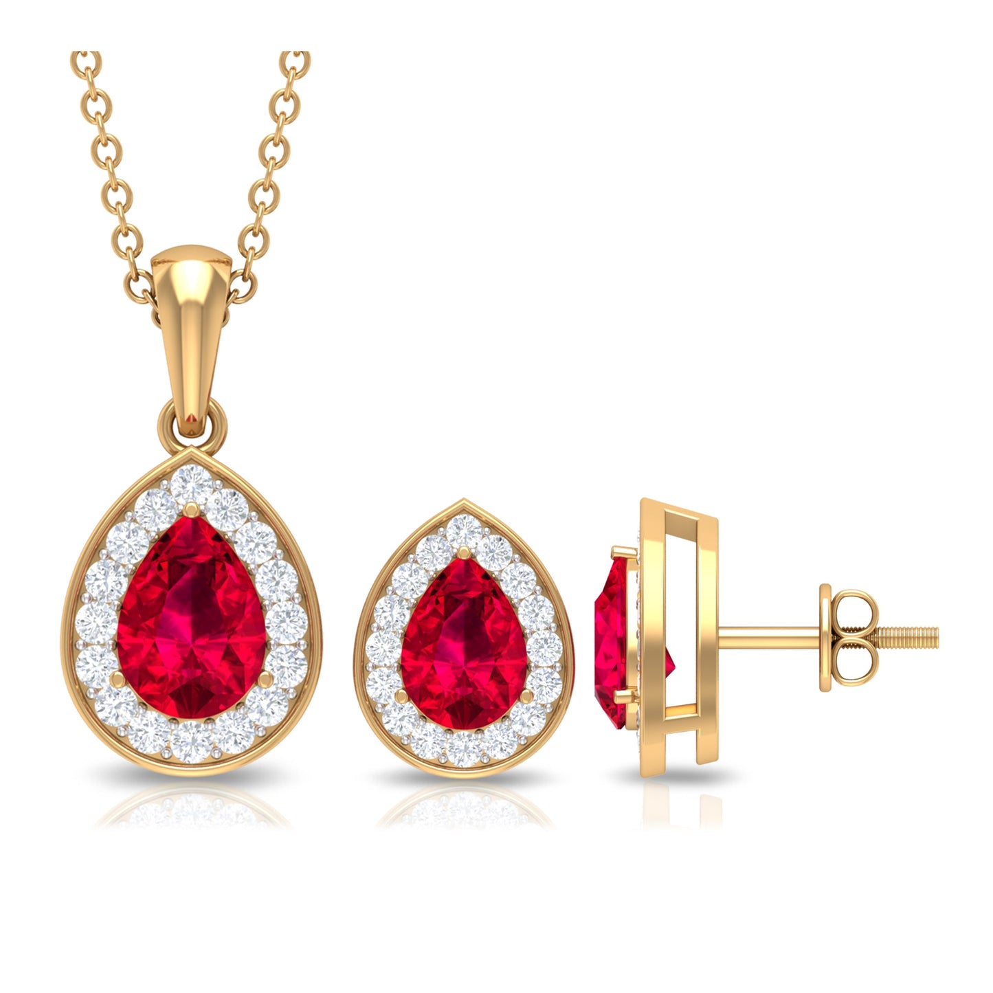 Created Ruby Teardrop Jewelry Set with Moissanite Halo
