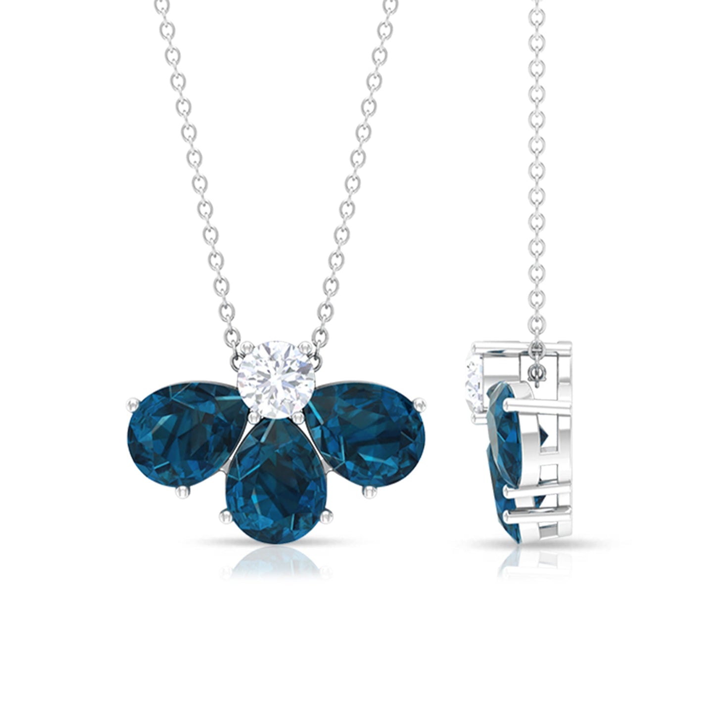 Real 2.37 Carat Pear Cut London Blue Topaz Flower Necklace