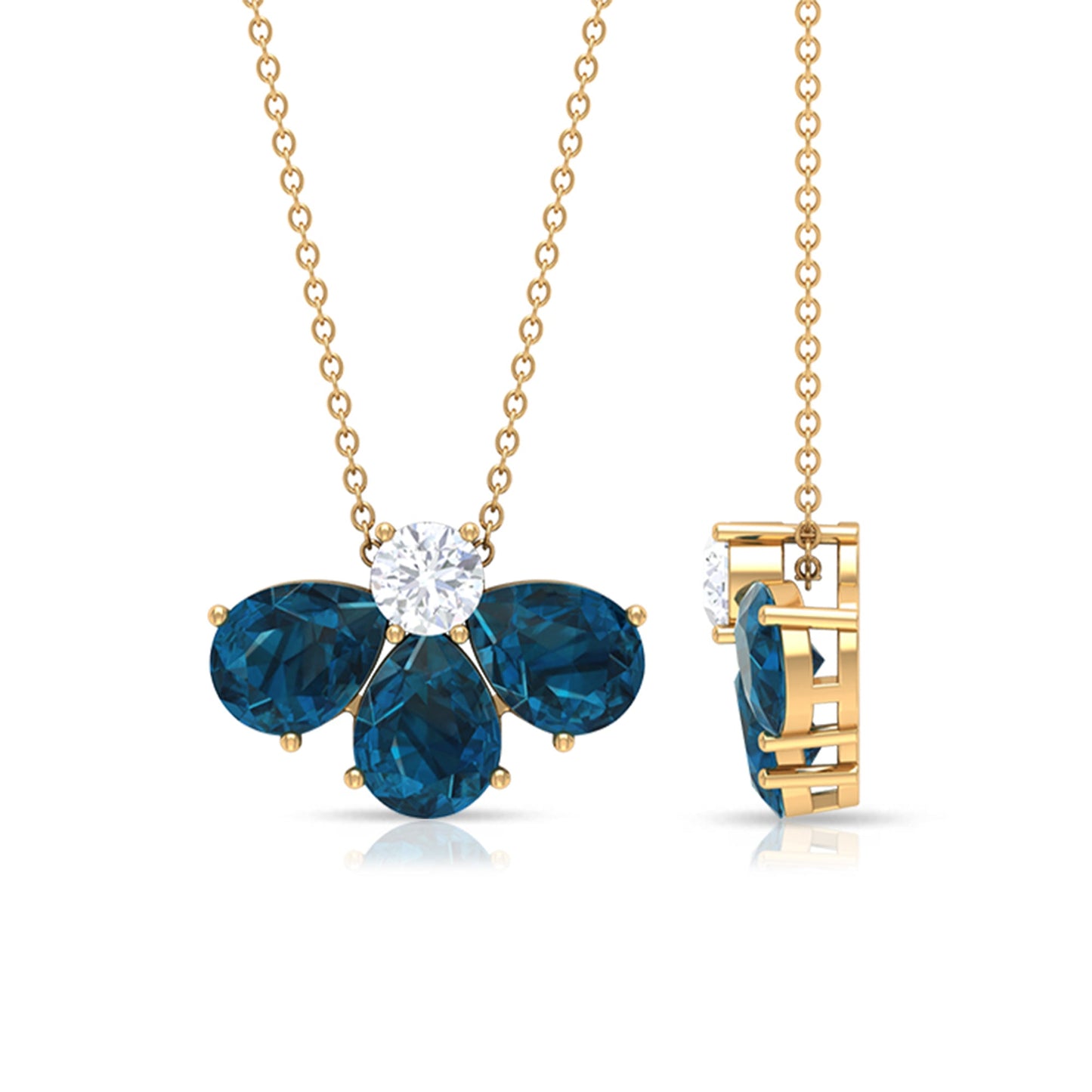 Real 2.37 Carat Pear Cut London Blue Topaz Flower Necklace