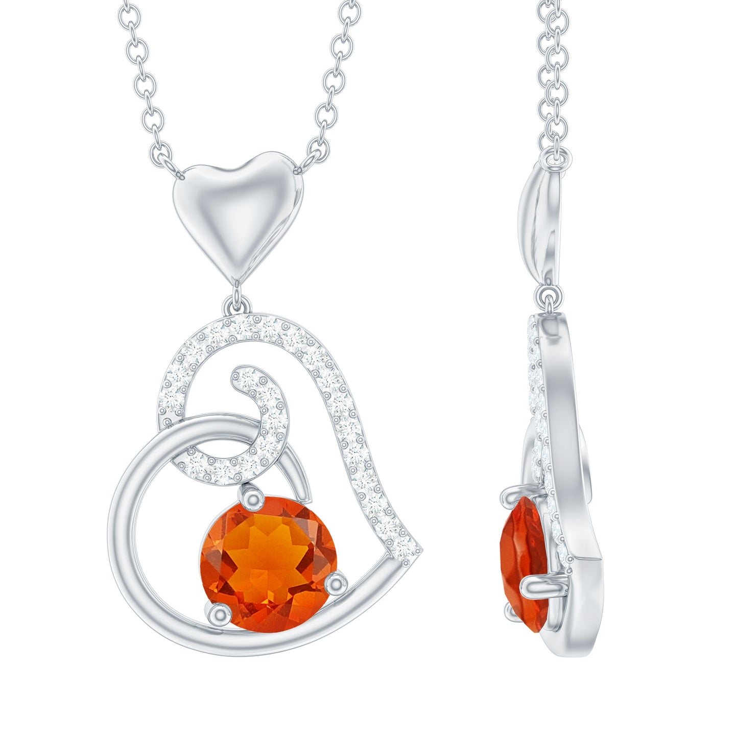 6MM Round Fire Opal and Diamond Heart Pendant Necklace