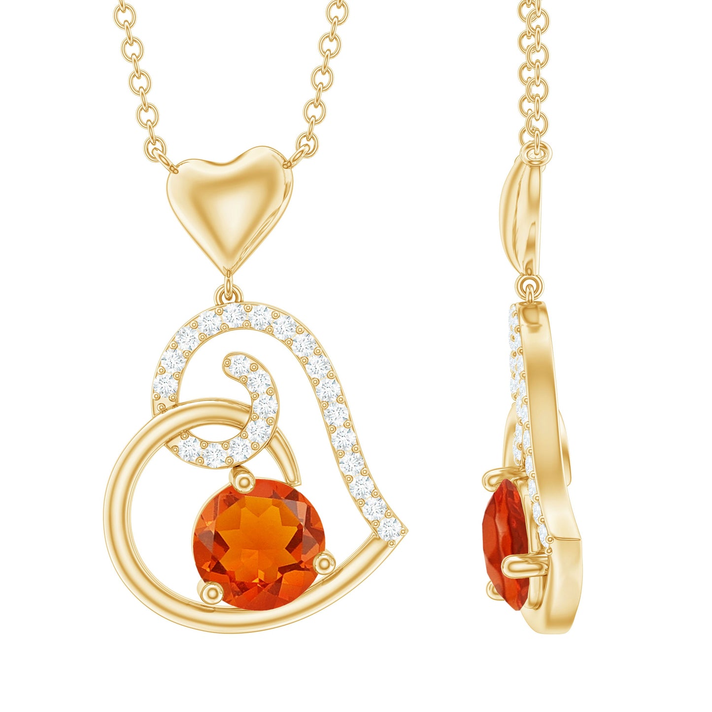 6MM Round Fire Opal and Diamond Heart Pendant Necklace