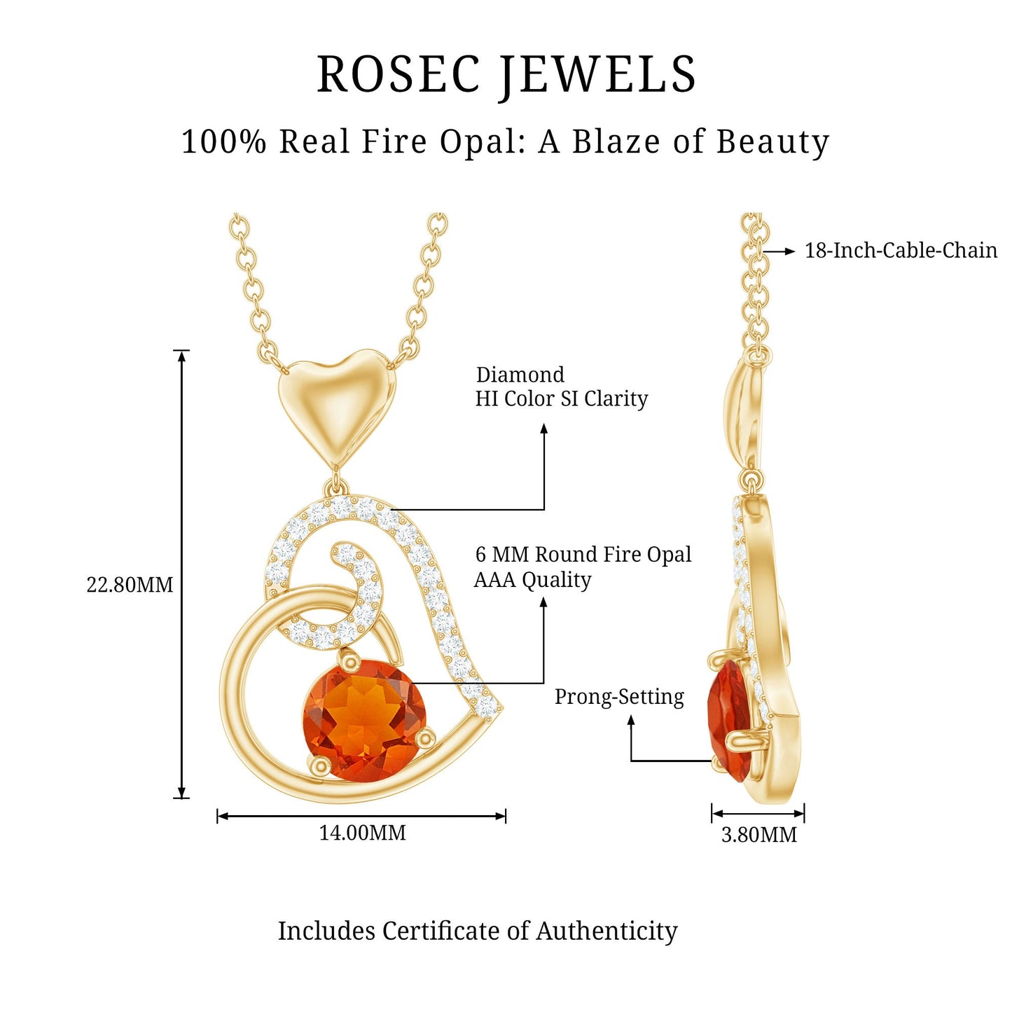 6MM Round Fire Opal and Diamond Heart Pendant Necklace