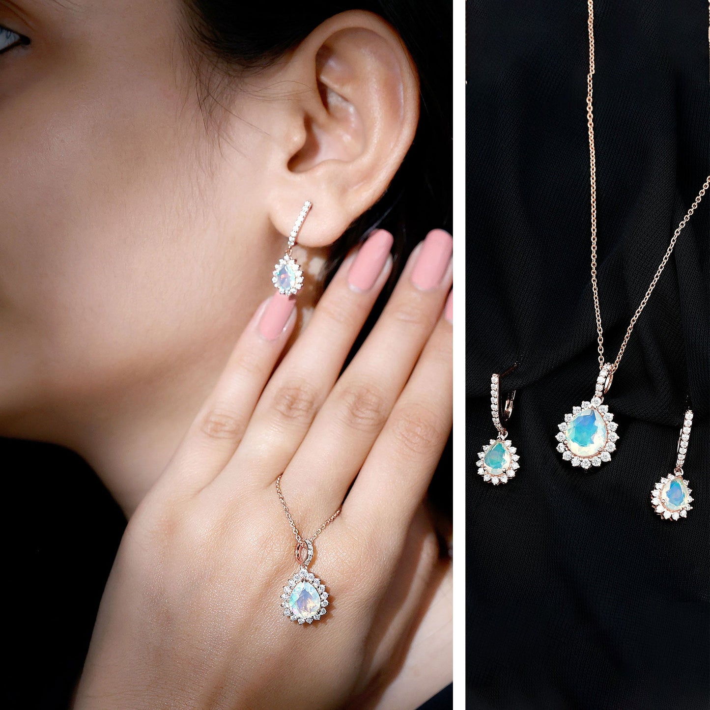 Ethiopian Opal and Moissanite Teardrop Jewelry Set