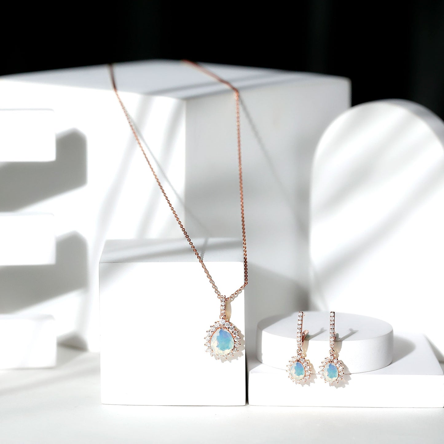 Ethiopian Opal and Moissanite Teardrop Jewelry Set