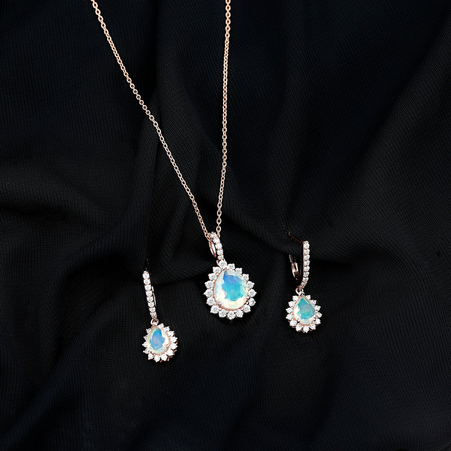 Ethiopian Opal and Moissanite Teardrop Jewelry Set