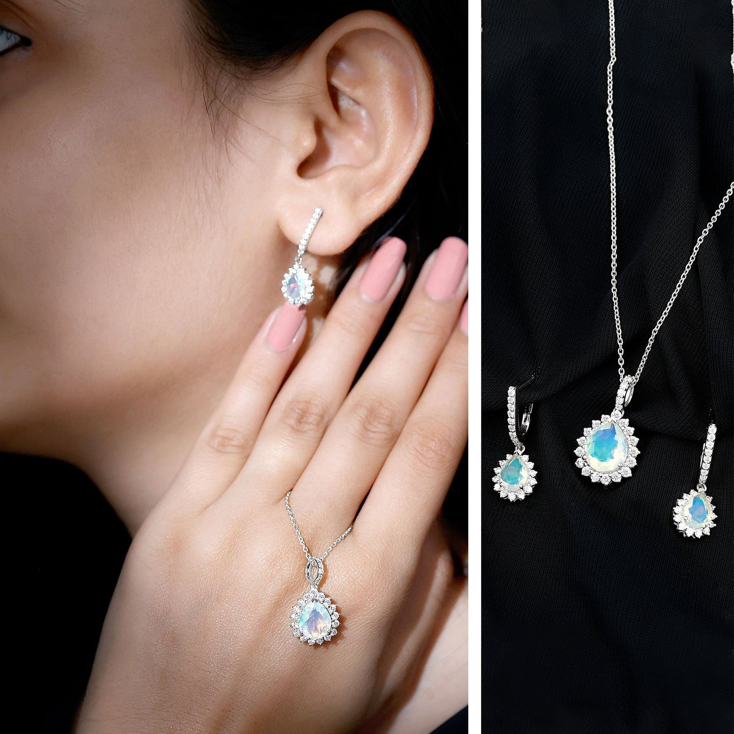 Ethiopian Opal and Moissanite Teardrop Jewelry Set