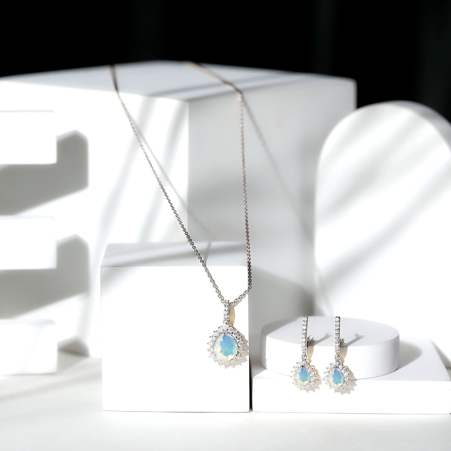 Ethiopian Opal and Moissanite Teardrop Jewelry Set