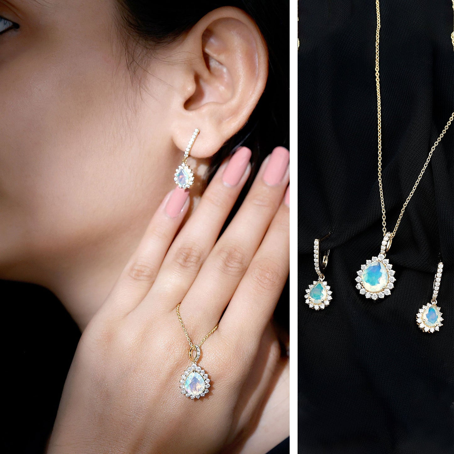 Ethiopian Opal and Moissanite Teardrop Jewelry Set