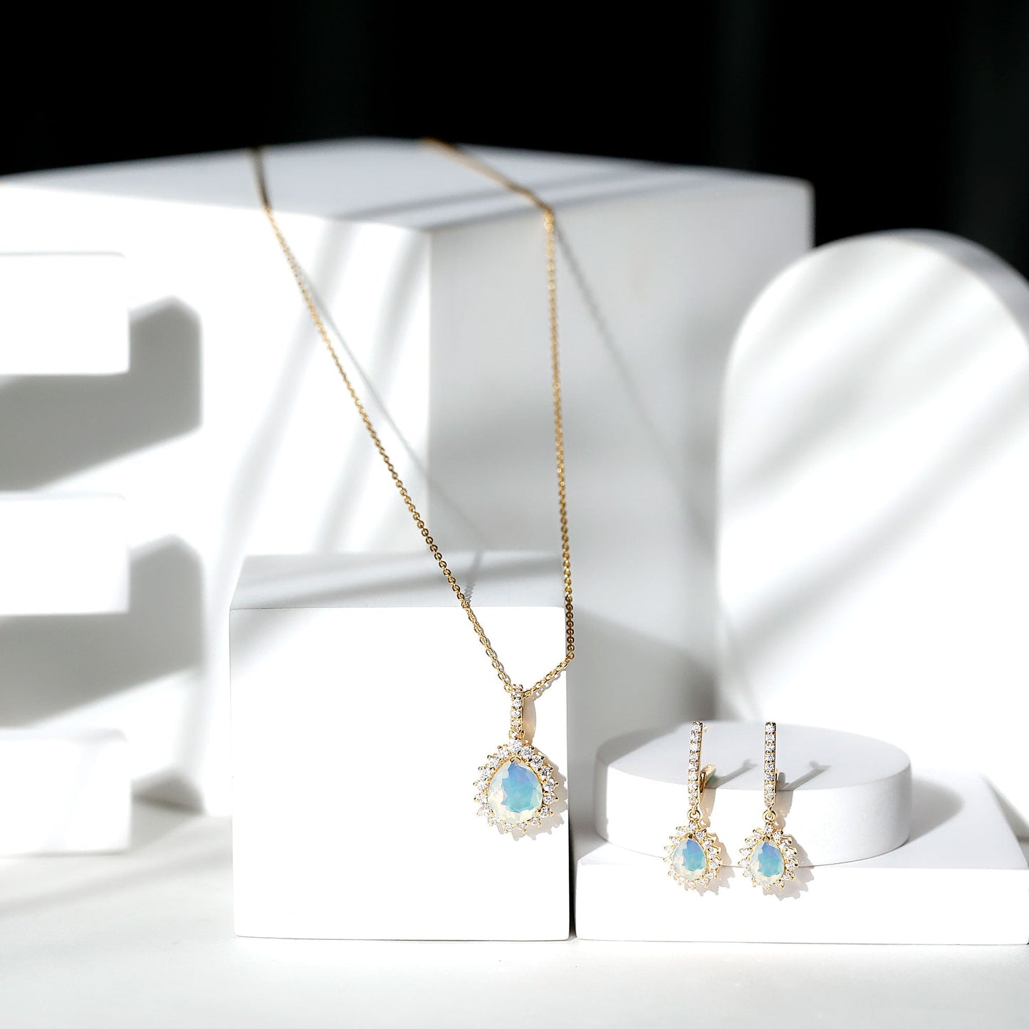 Ethiopian Opal and Moissanite Teardrop Jewelry Set