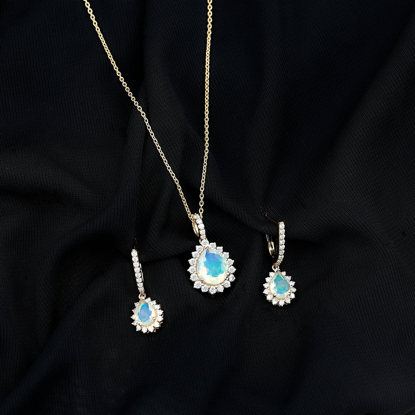 Ethiopian Opal and Moissanite Teardrop Jewelry Set