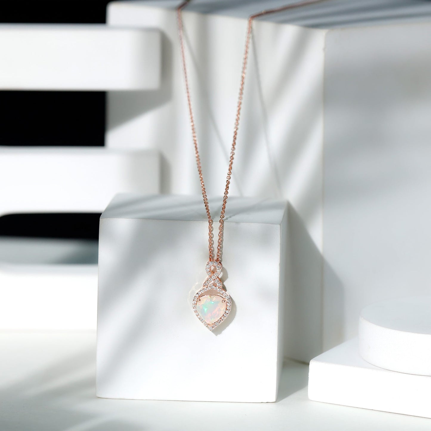 2 Carat Heart Shape Ethiopian Opal Infinity Pendant with Moissanite