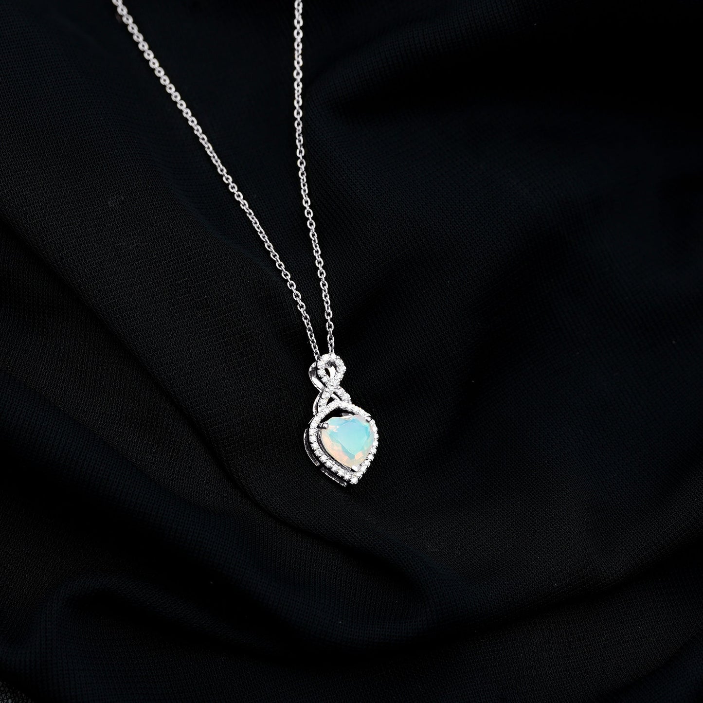 2 Carat Heart Shape Ethiopian Opal Infinity Pendant with Moissanite