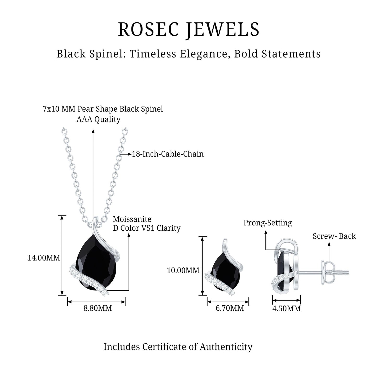 Natural Black Spinel and Moissanite Teardrop Jewelry Set in Silver