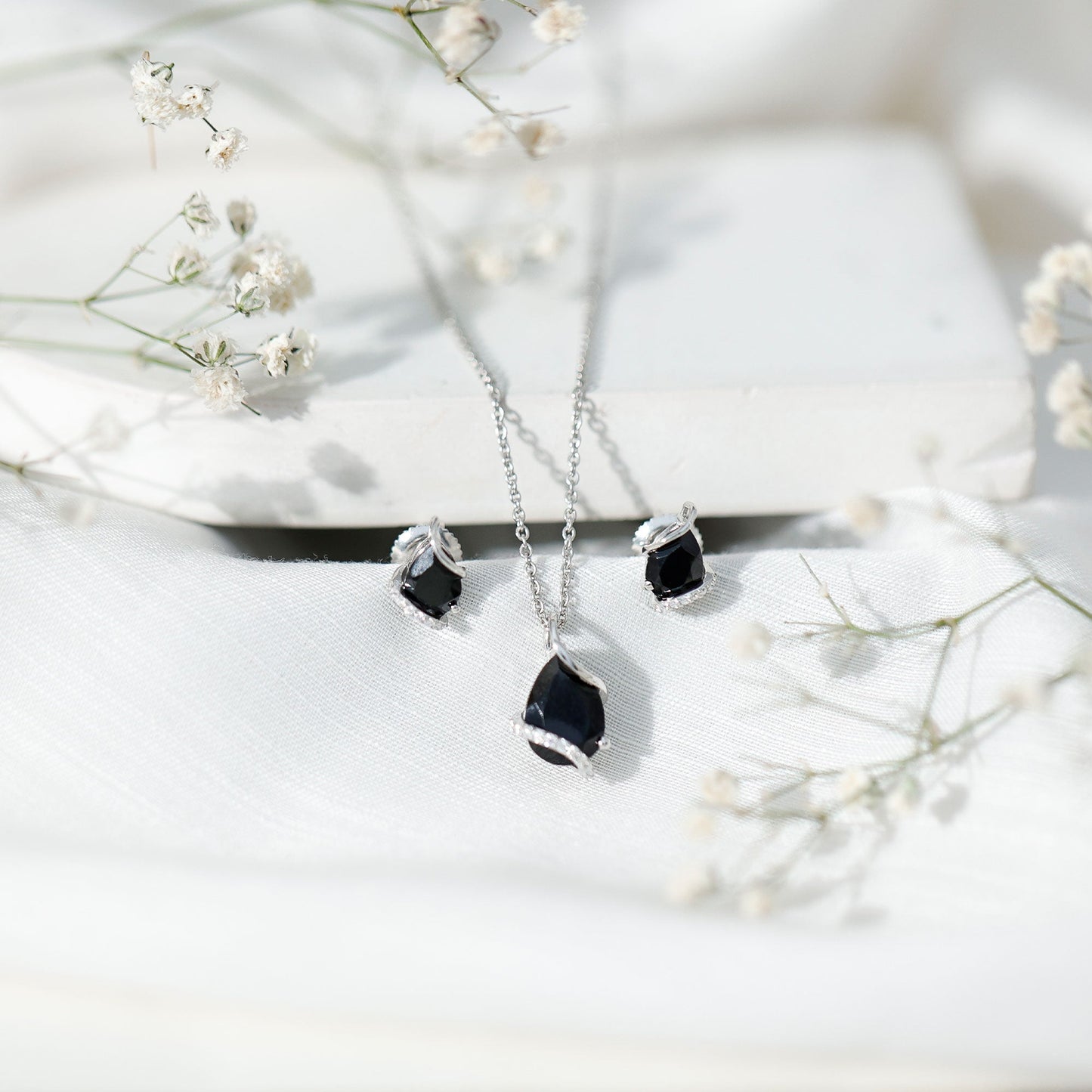 3 CT Black Spinel and Moissanite Teardrop Necklace Earrings Set