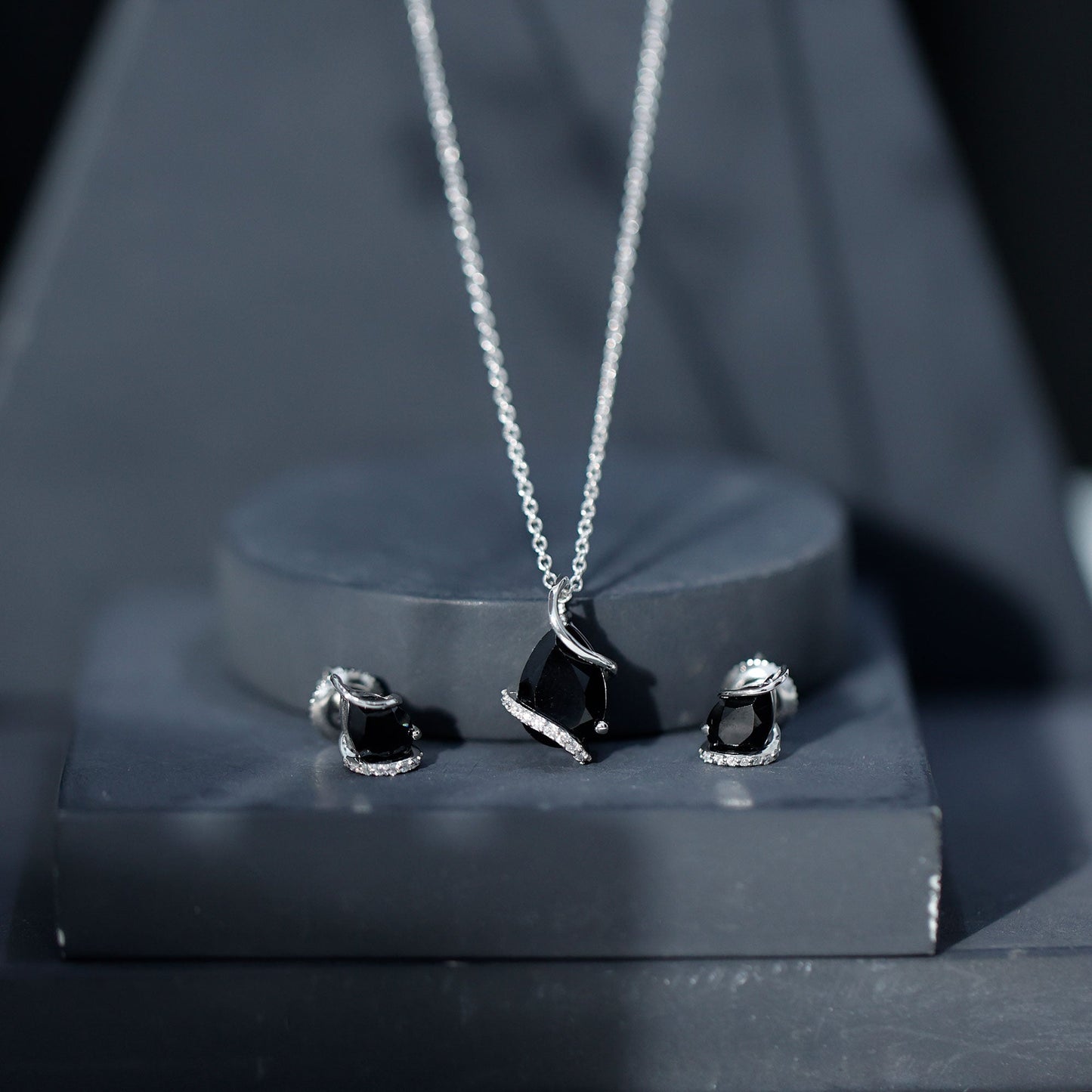 3 CT Black Spinel and Moissanite Teardrop Necklace Earrings Set