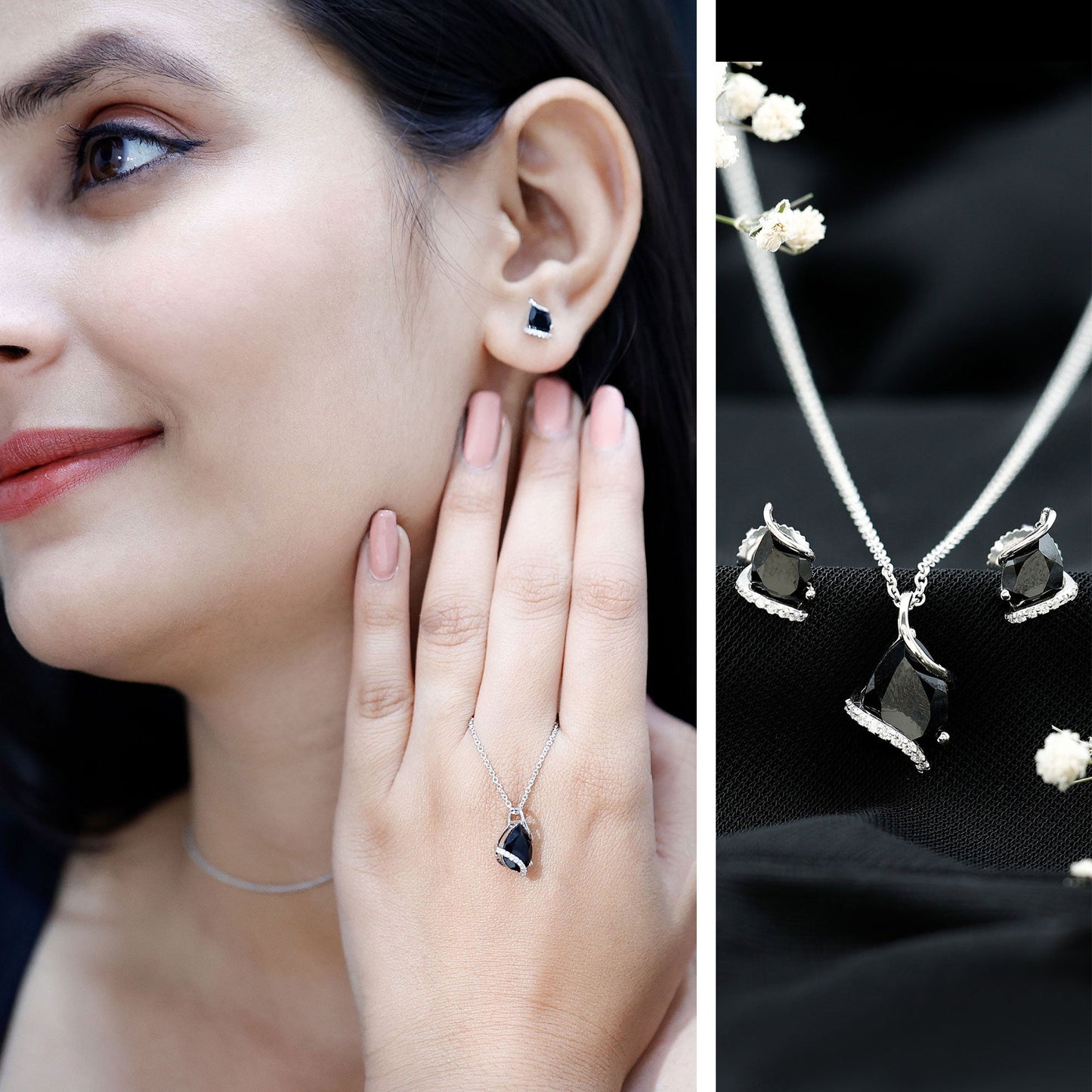 3 CT Black Spinel and Moissanite Teardrop Necklace Earrings Set