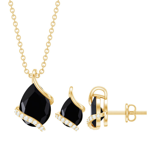 3 CT Black Spinel and Moissanite Teardrop Necklace Earrings Set