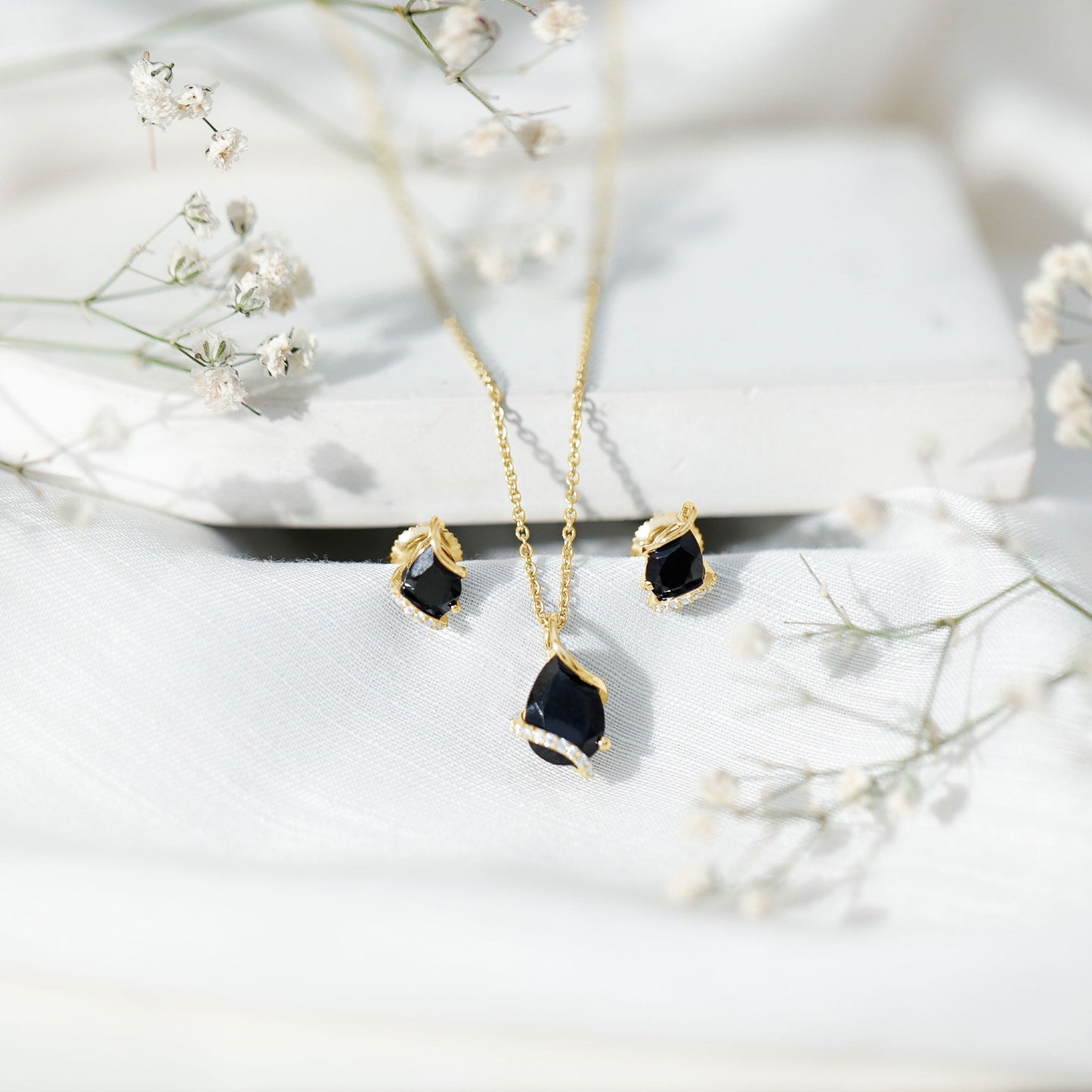 3 CT Black Spinel and Moissanite Teardrop Necklace Earrings Set
