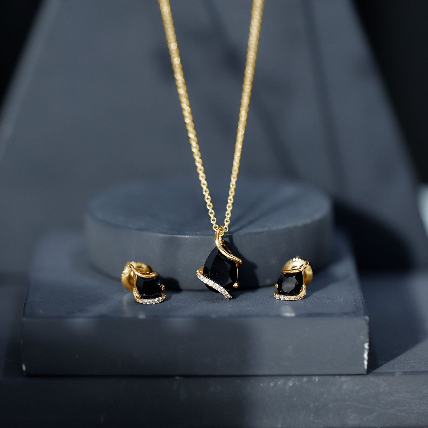 3 CT Black Spinel and Moissanite Teardrop Necklace Earrings Set