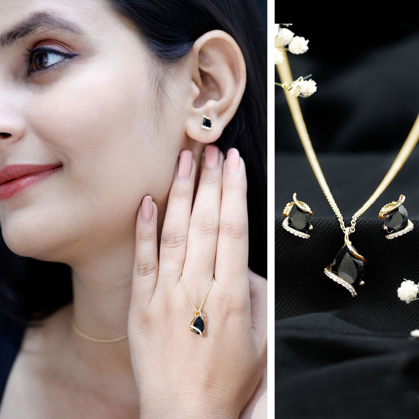 3 CT Black Spinel and Moissanite Teardrop Necklace Earrings Set
