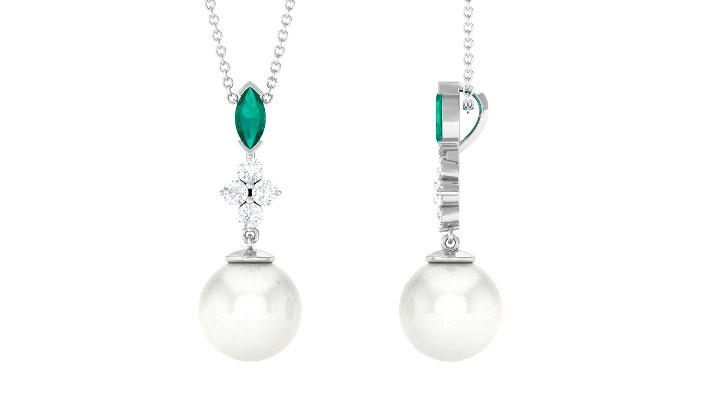 Cultured Freshwater Pearl Pendant Necklace with Emerald and Moissanite