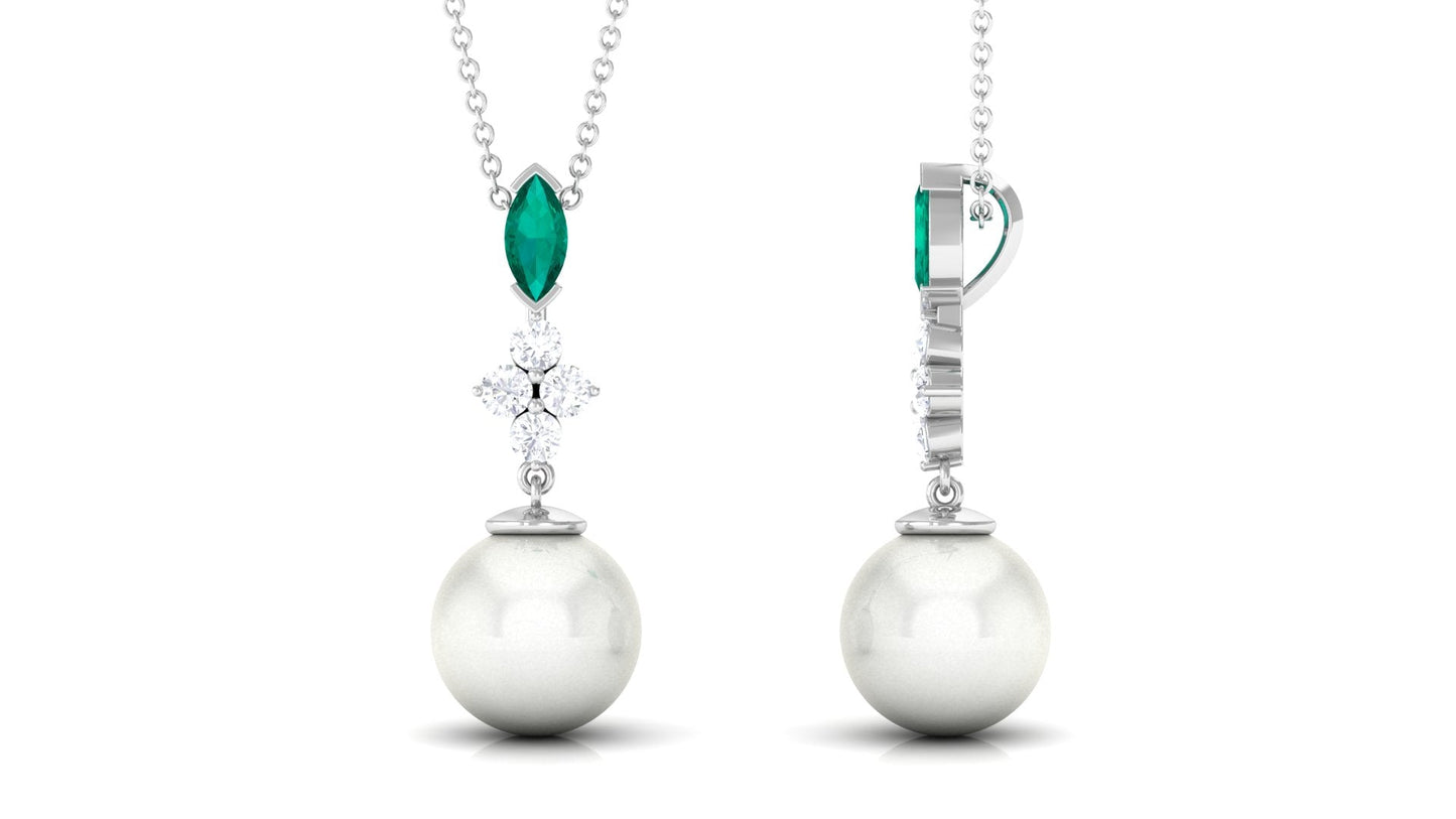 Cultured Freshwater Pearl Pendant Necklace with Emerald and Moissanite