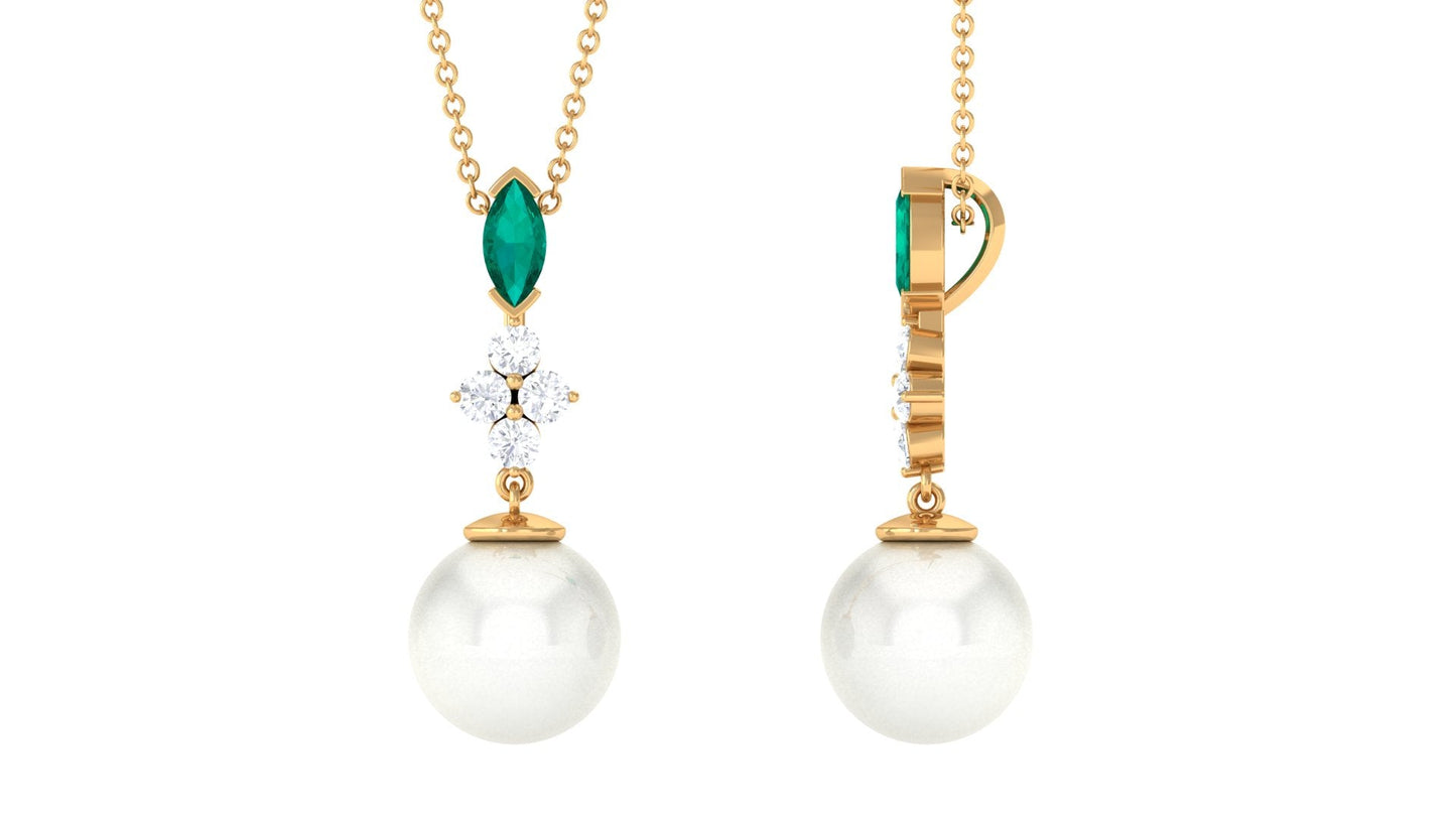 Cultured Freshwater Pearl Pendant Necklace with Emerald and Moissanite