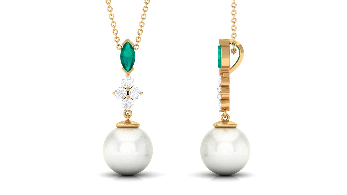 Cultured Freshwater Pearl Pendant Necklace with Emerald and Moissanite