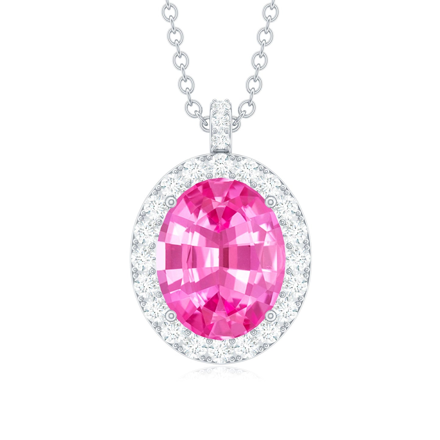 Oval Created Pink Sapphire Halo Pendant with Diamond
