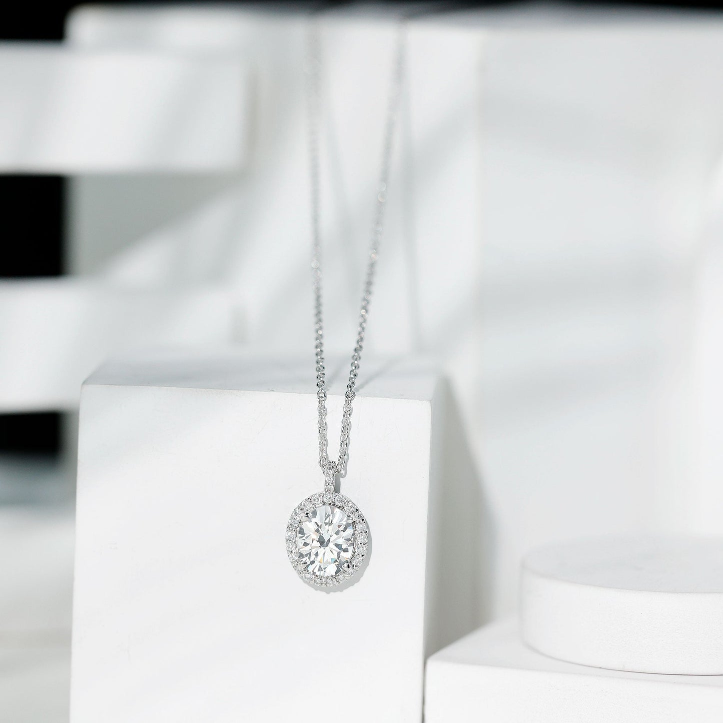 Oval Simulated Diamond Cocktail Halo Pendant