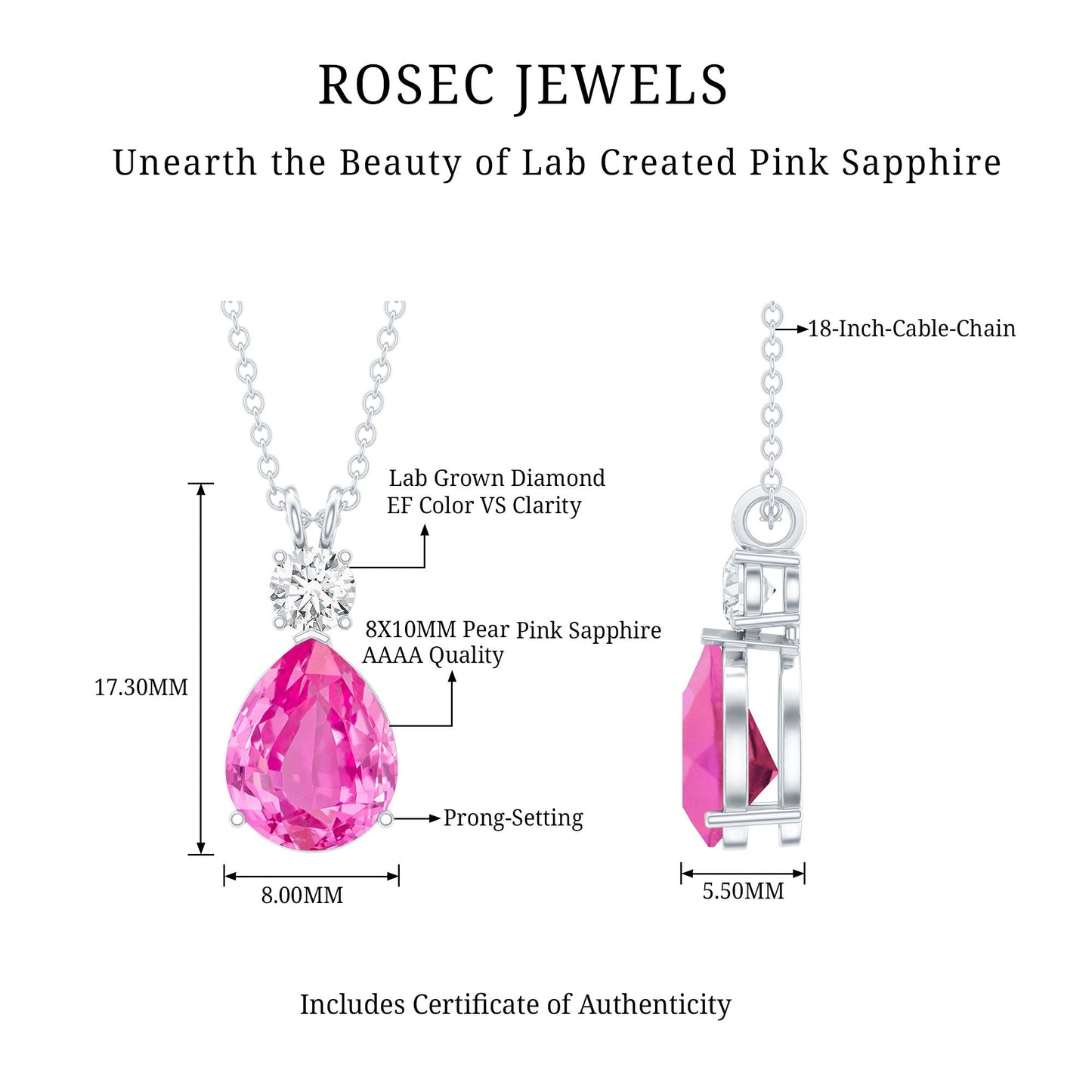 Pear Cut Created Pink Sapphire Drop Pendant Necklace