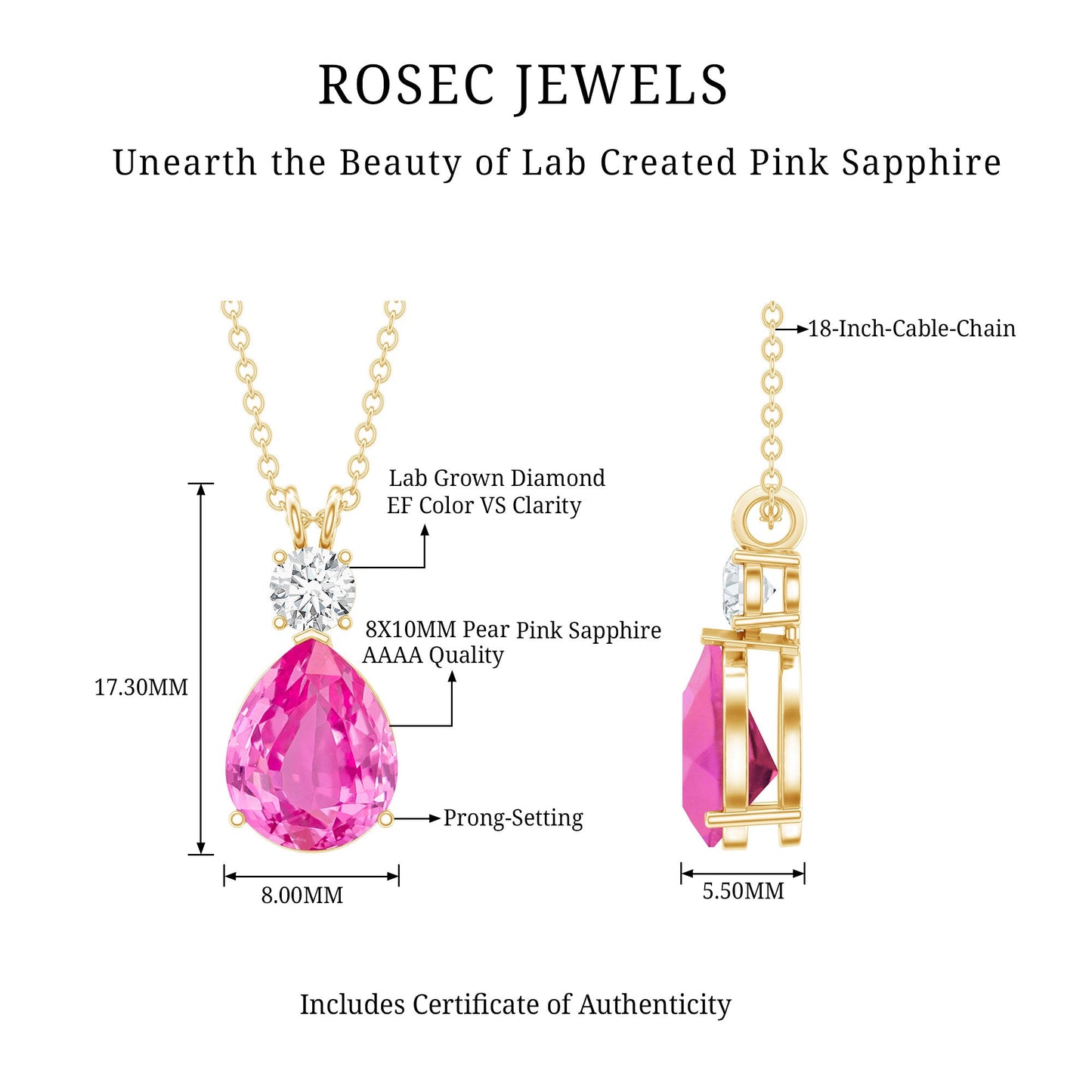Pear Cut Created Pink Sapphire Drop Pendant Necklace