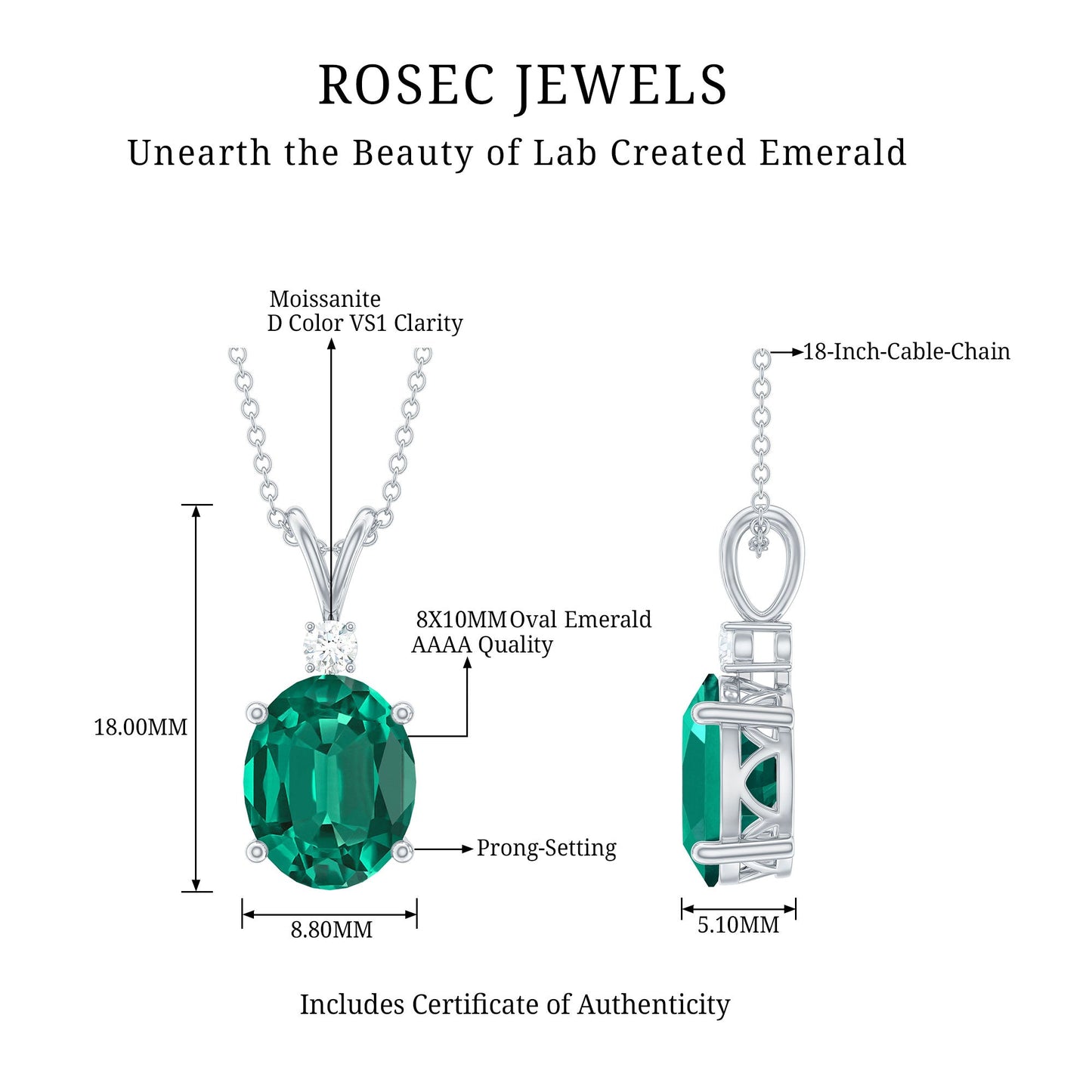 8X10 MM Oval Lab Grown Emerald Solitaire Necklace With Silver Chain