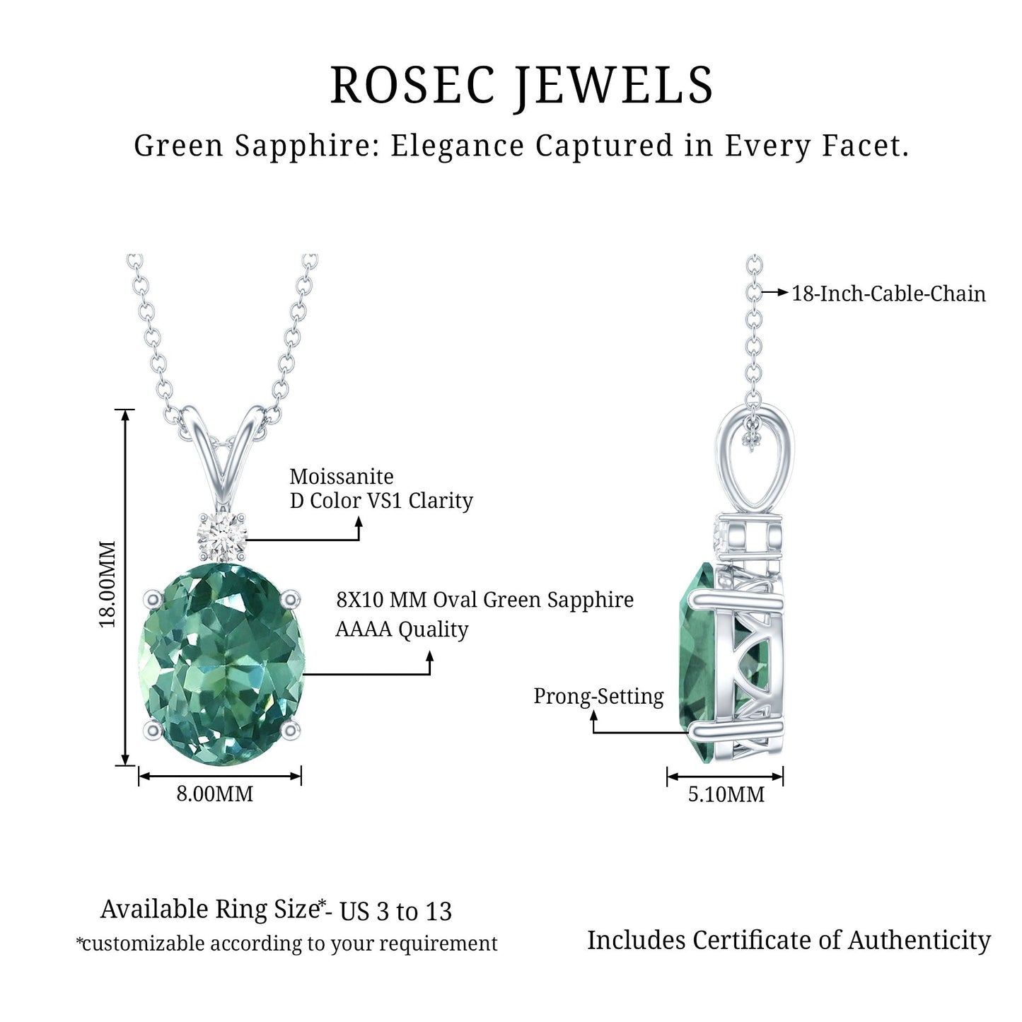 4 Carat Lab Grown Oval Shaped Green Sapphire Solitaire Necklace