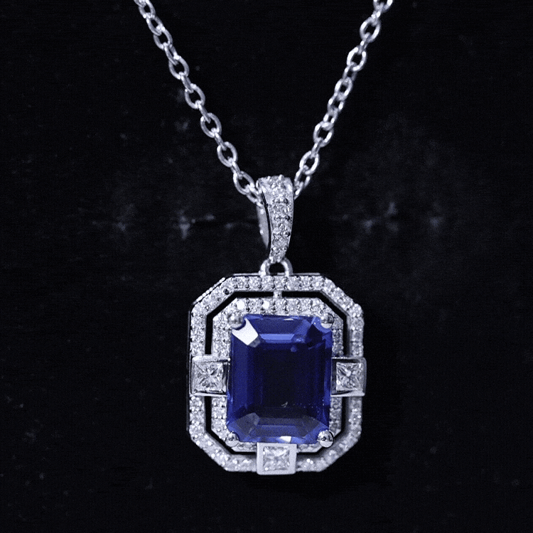 8x10mm Emerald Cut Lab Created Blue Sapphire Vintage Necklace with Diamond