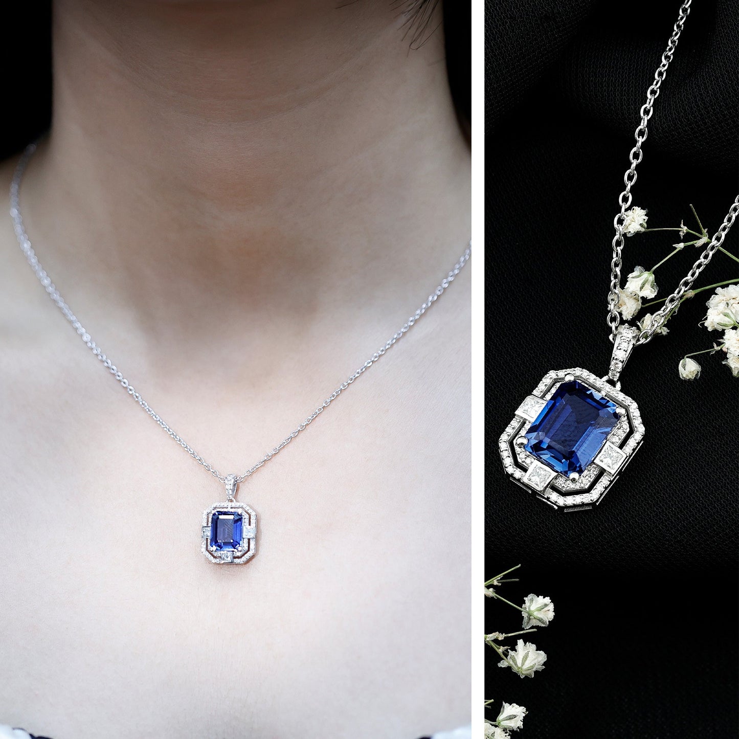 8x10mm Emerald Cut Lab Created Blue Sapphire Vintage Necklace with Diamond
