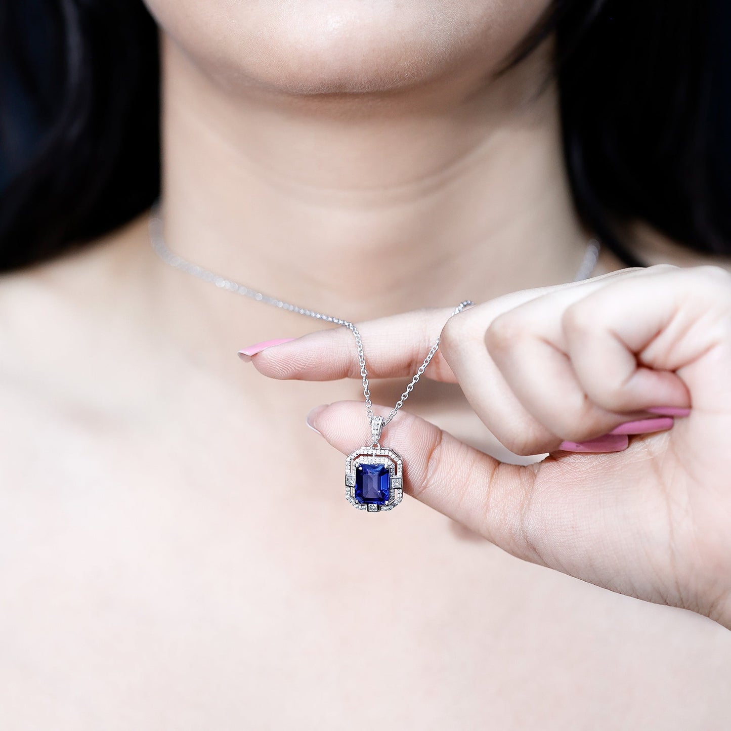 8x10mm Emerald Cut Lab Created Blue Sapphire Vintage Necklace with Diamond