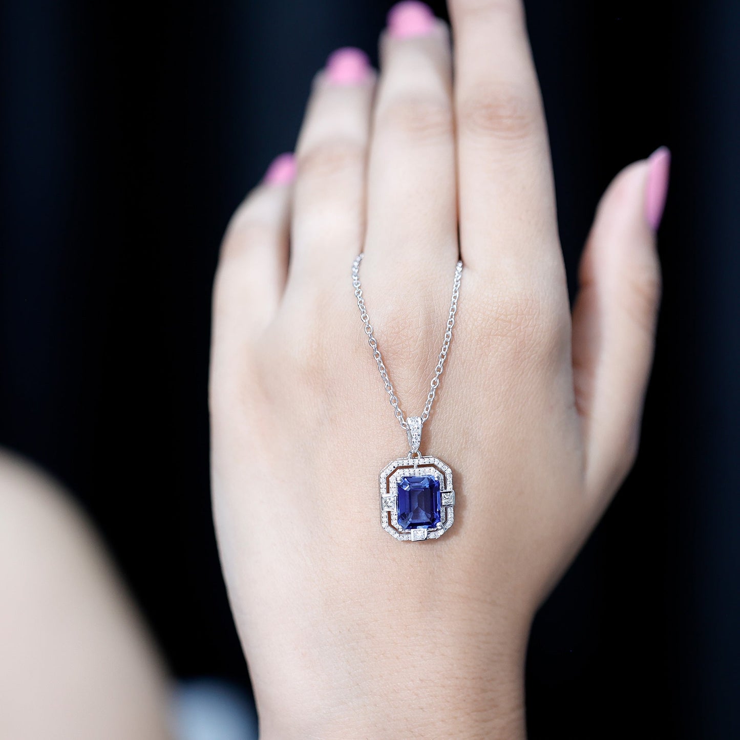 8x10mm Emerald Cut Lab Created Blue Sapphire Vintage Necklace with Diamond