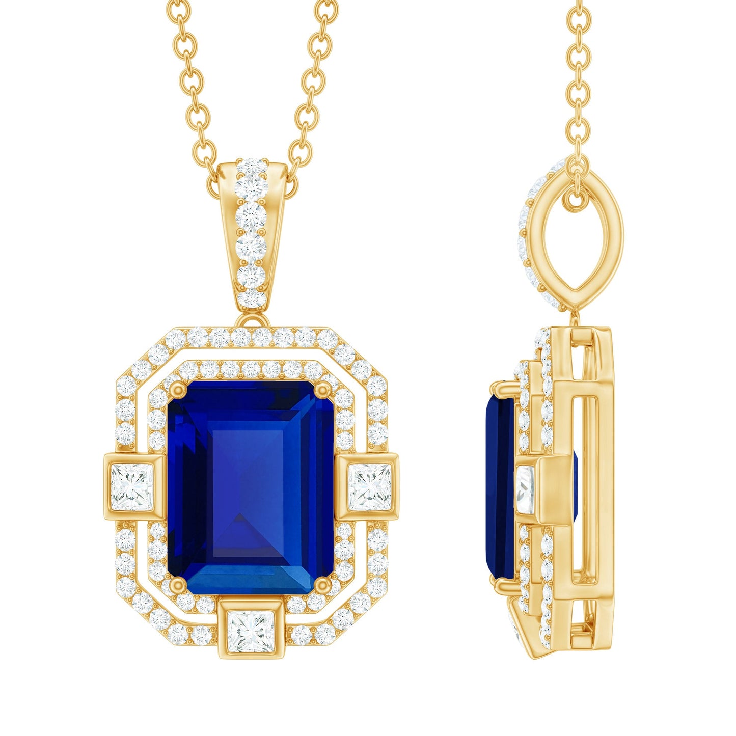 8x10mm Emerald Cut Lab Created Blue Sapphire Vintage Necklace with Diamond