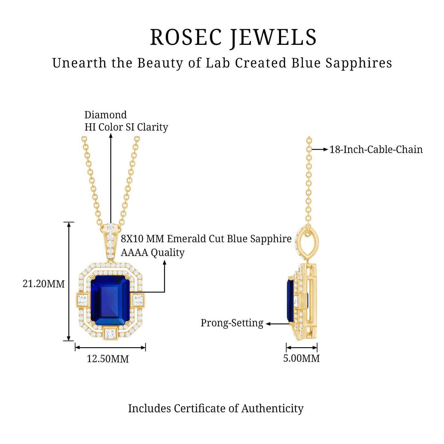 8x10mm Emerald Cut Lab Created Blue Sapphire Vintage Necklace with Diamond
